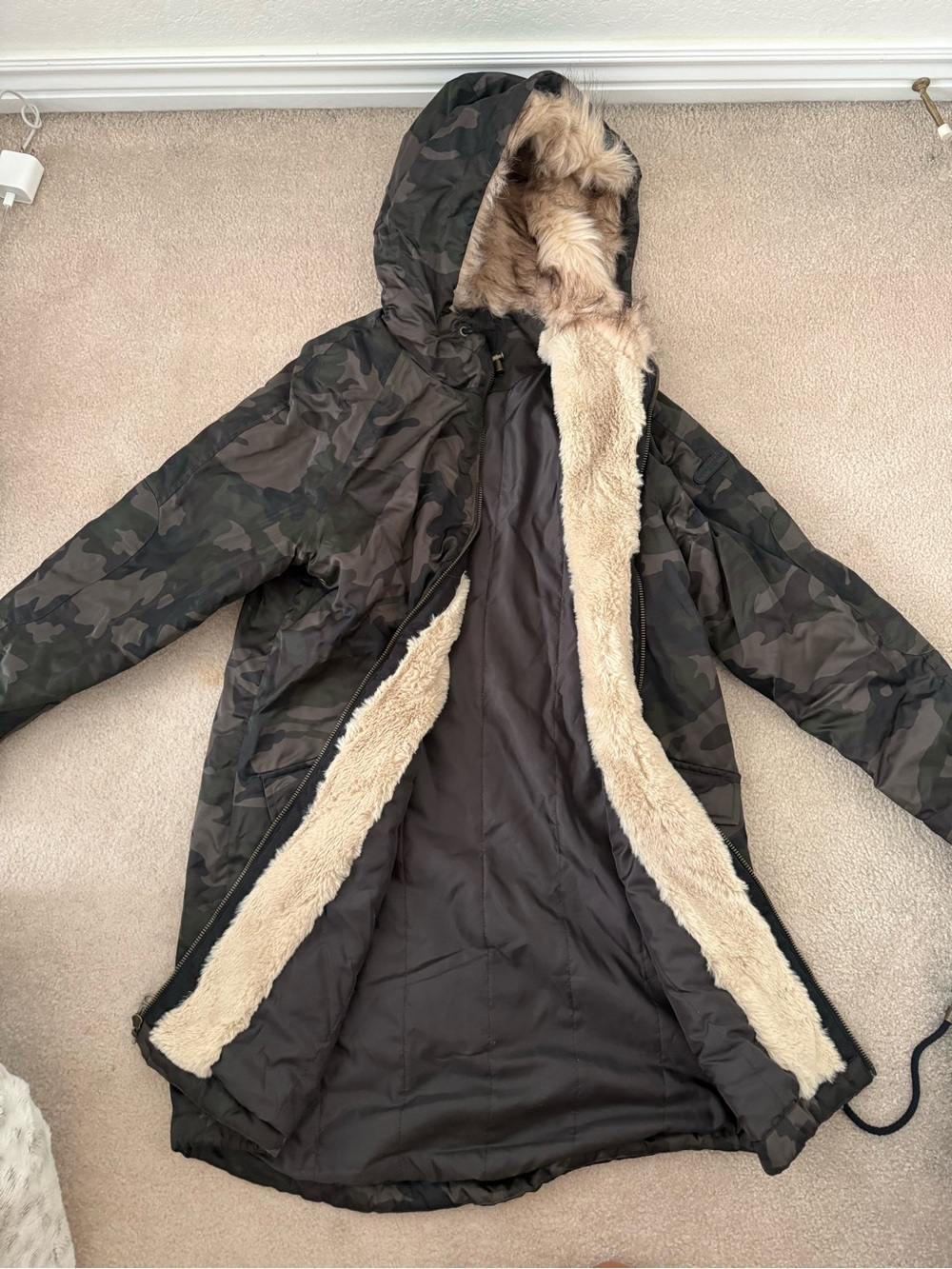 Faux Fur Lined Camo Parka Jacket - Olive Camo